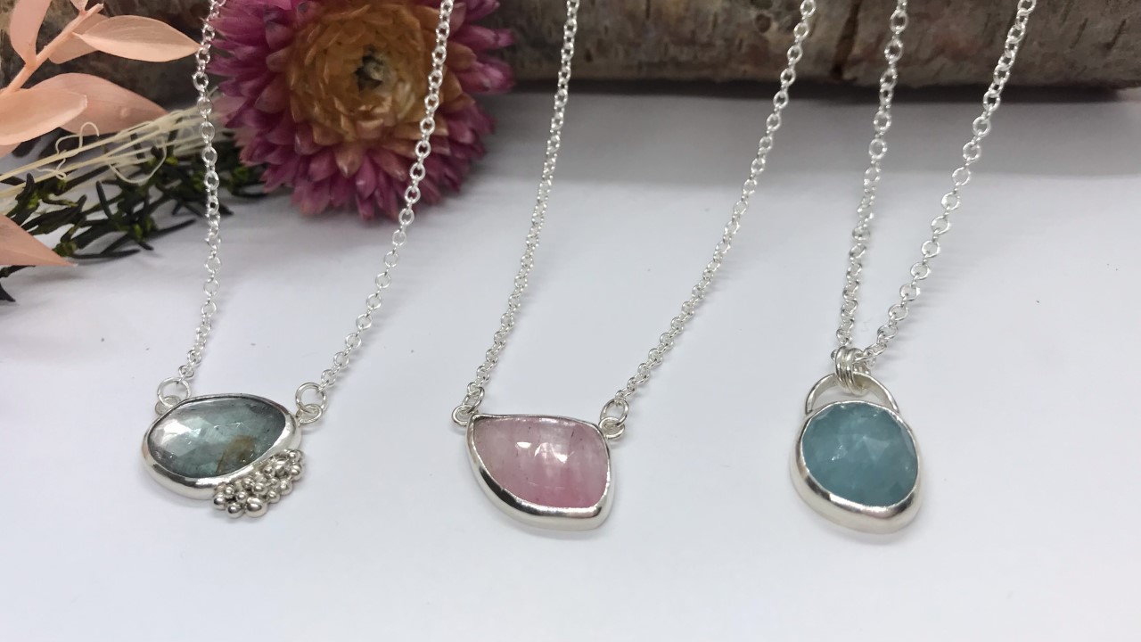 LorriSilverJewellery 3 necklaces pink tourmaline and blue aquamarine