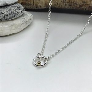 Mini Circle Necklace with Gold Pebble,  Tiny Circle Sterling Silver