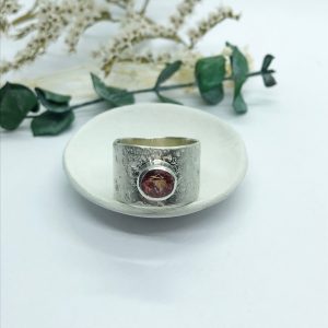 Pink Tourmaline Ring, Wide Band Textured Sterling Silver