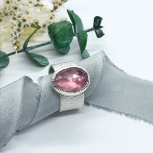 Pink Tourmaline Ring, Wide Band Textured Sterling Silver
