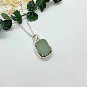 Aqua Green Sea Glass Necklace, Sterling Silver with Seafoam Sea Glass