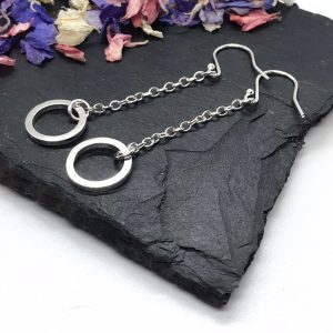 Long Circle Earrings on a Chain, Sterling Silver,