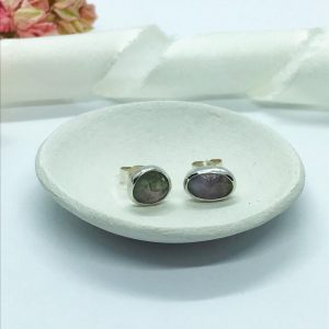 Green Pink Grey Tourmaline Stud Earrings, Sterling Silver, Asymmetrical
