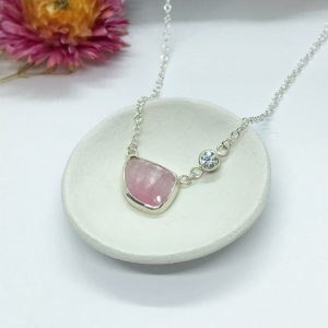 Pale Pink Tourmaline Necklace with CZ, Sterling Silver with Free Form Natural Tourmaline