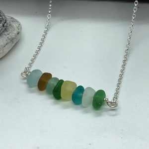 Sea Glass Necklace Multi-coloured, Sterling Silver Bar Necklace