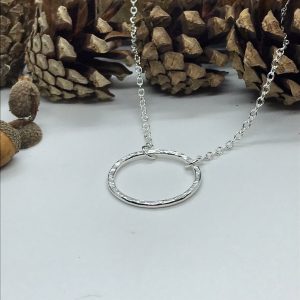 Circle Necklace, Chequered Texture Open Circle,  Sterling Silver