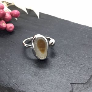 Sterling Silver Sea Glass Ring, White Bronze Adjustable Ring