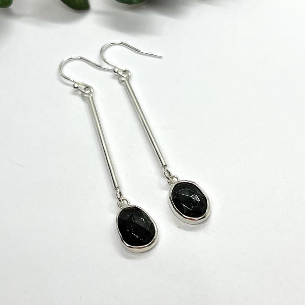 Black Tourmaline drop earrings on white background