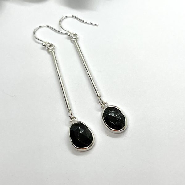 Black Tourmaline drop earrings on white background