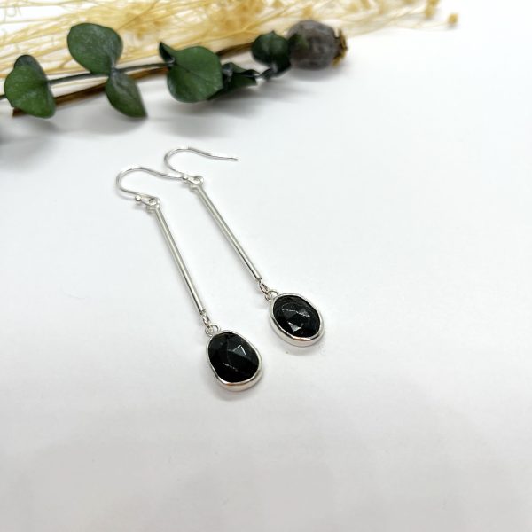 Black Tourmaline drop earrings on white background