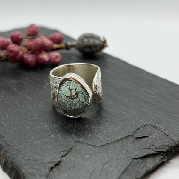 LorriSilverJewellery, turquoise wide band ring on grey tile