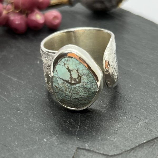 LorriSilverJewellery, turquoise wide band ring on grey tile