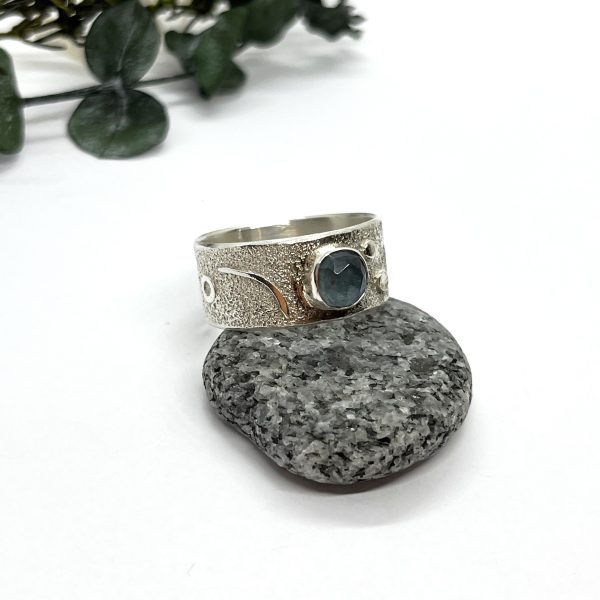 LorriSilverJewellery, moss aquamarine wide band ring on white background