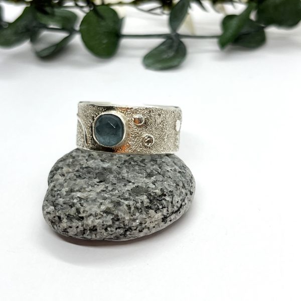 LorriSilverJewellery, moss aquamarine wide band ring on white background