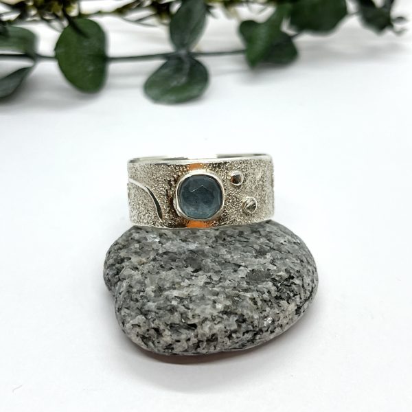 LorriSilverJewellery, moss aquamarine wide band ring on white background