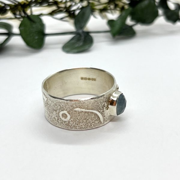 LorriSilverJewellery, moss aquamarine wide band ring on white background