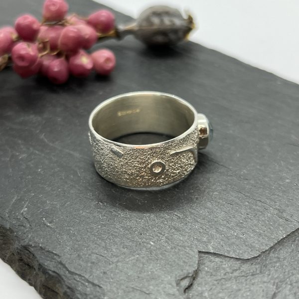 LorriSilverJewellery, moss aquamarine wide band ring on grey tile