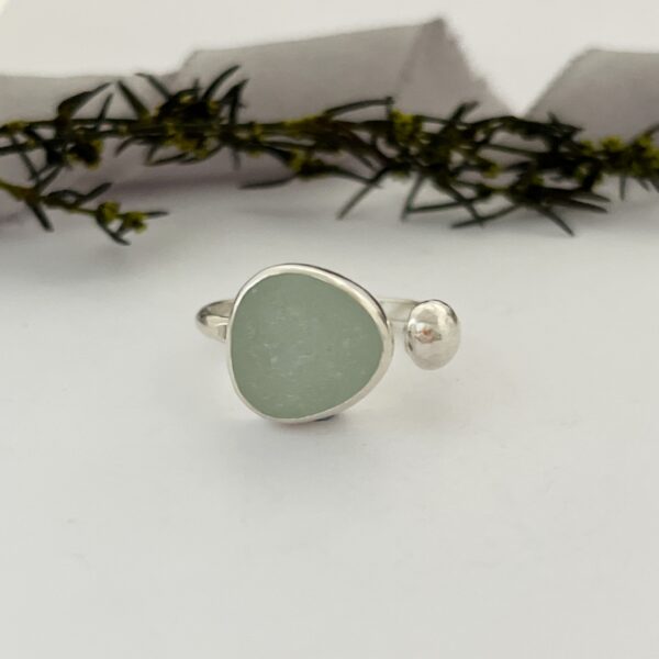 Lorrisilver Jewellery, aqua sea glass ring on white background