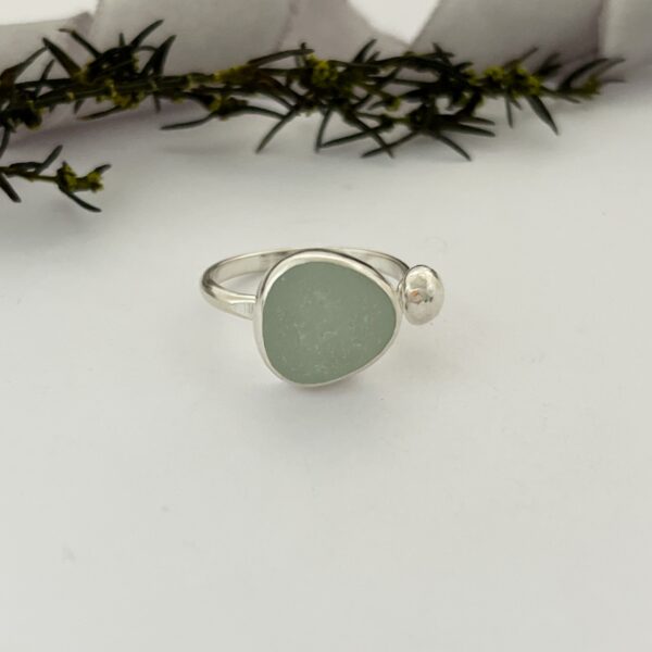 Lorrisilver Jewellery, aqua sea glass ring on white background