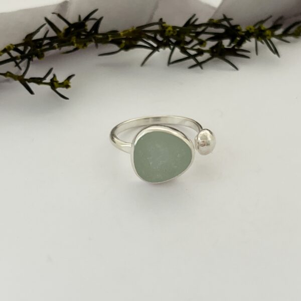 Lorrisilver Jewellery, aqua sea glass ring on white background