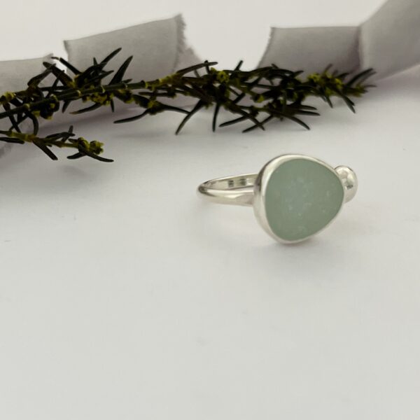 Lorrisilver Jewellery, aqua sea glass ring on white background