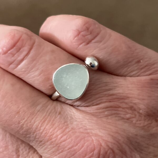 Lorrisilver Jewellery, aqua sea glass ring on hand