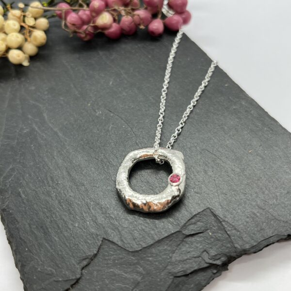 LorriSilver Jewellery, pink topaz molten circle necklace