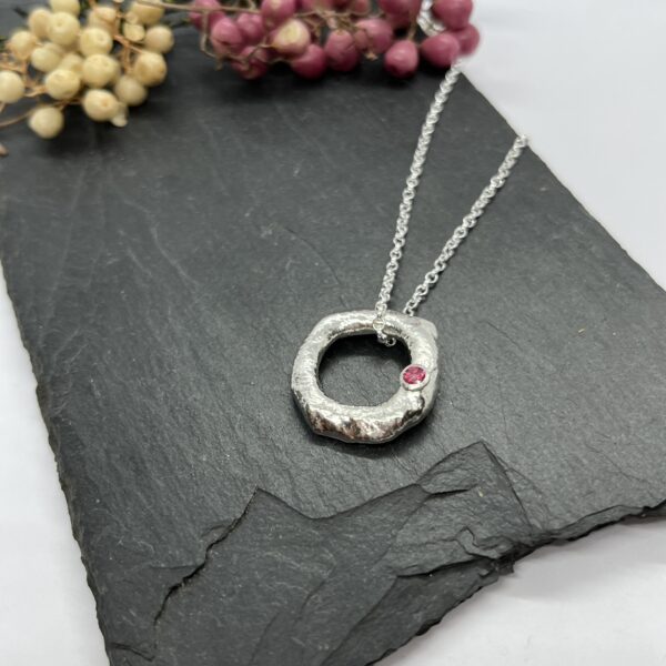 LorriSilver Jewellery, pink topaz molten circle necklace