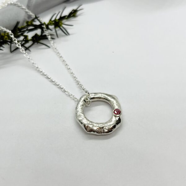 LorriSilver Jewellery, pink topaz molten circle necklace