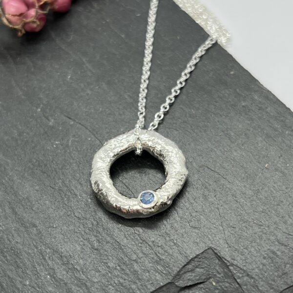 LorriSilver Jewellery, blue sapphire molten circle necklace