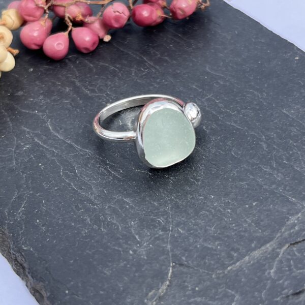 LorriSilverJewellery, aqua sea glass ring on grey tile