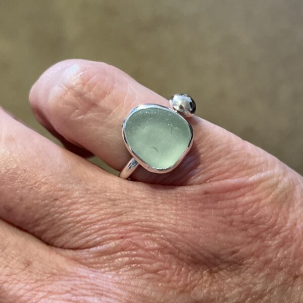 LorriSilverJewellery, aqua sea glass ring on finger