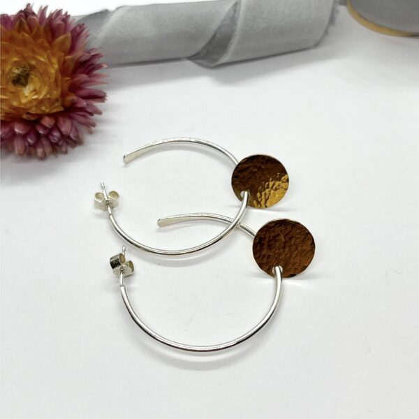 Lorrisilver jewellery, gold circle sterling silver hoops.