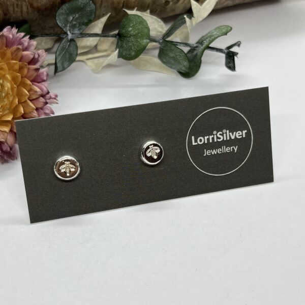 Manchester bee stud earrings on a grey background, lorrisilver Jewellery