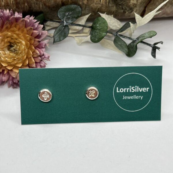 Manchester bee stud earrings on a green background, lorrisilver Jewellery