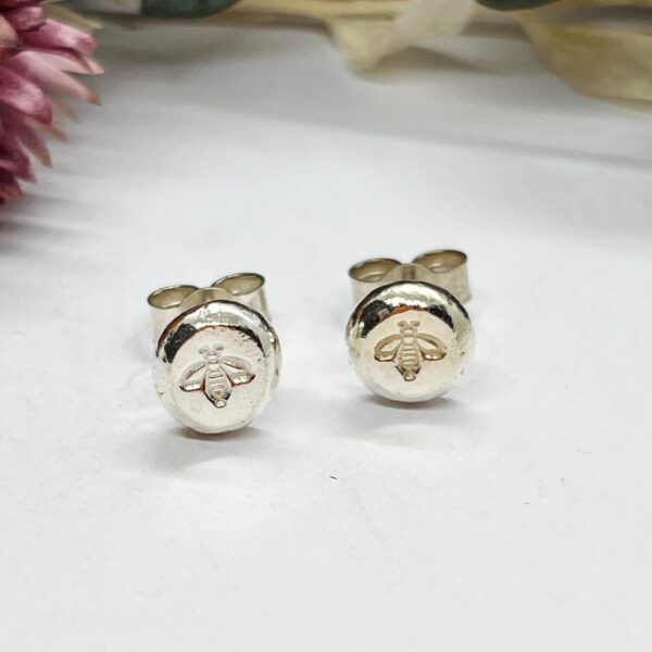 Manchester bee stud earrings on a white background, lorrisilver Jewellery