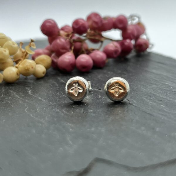 Manchester bee stud earrings on a grey background, lorrisilver Jewellery