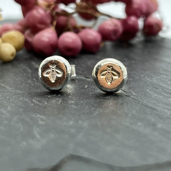 Manchester bee stud earrings on a grey background, lorrisilver Jewellery